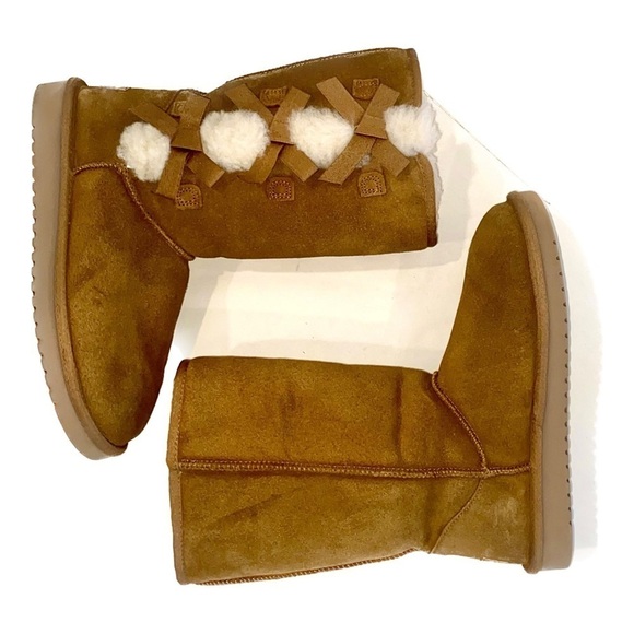 Koolaburra by UGG Tall Boots Chestnut Suede Leather Faux Fur Pom Pom Size 8 - Picture 6 of 13